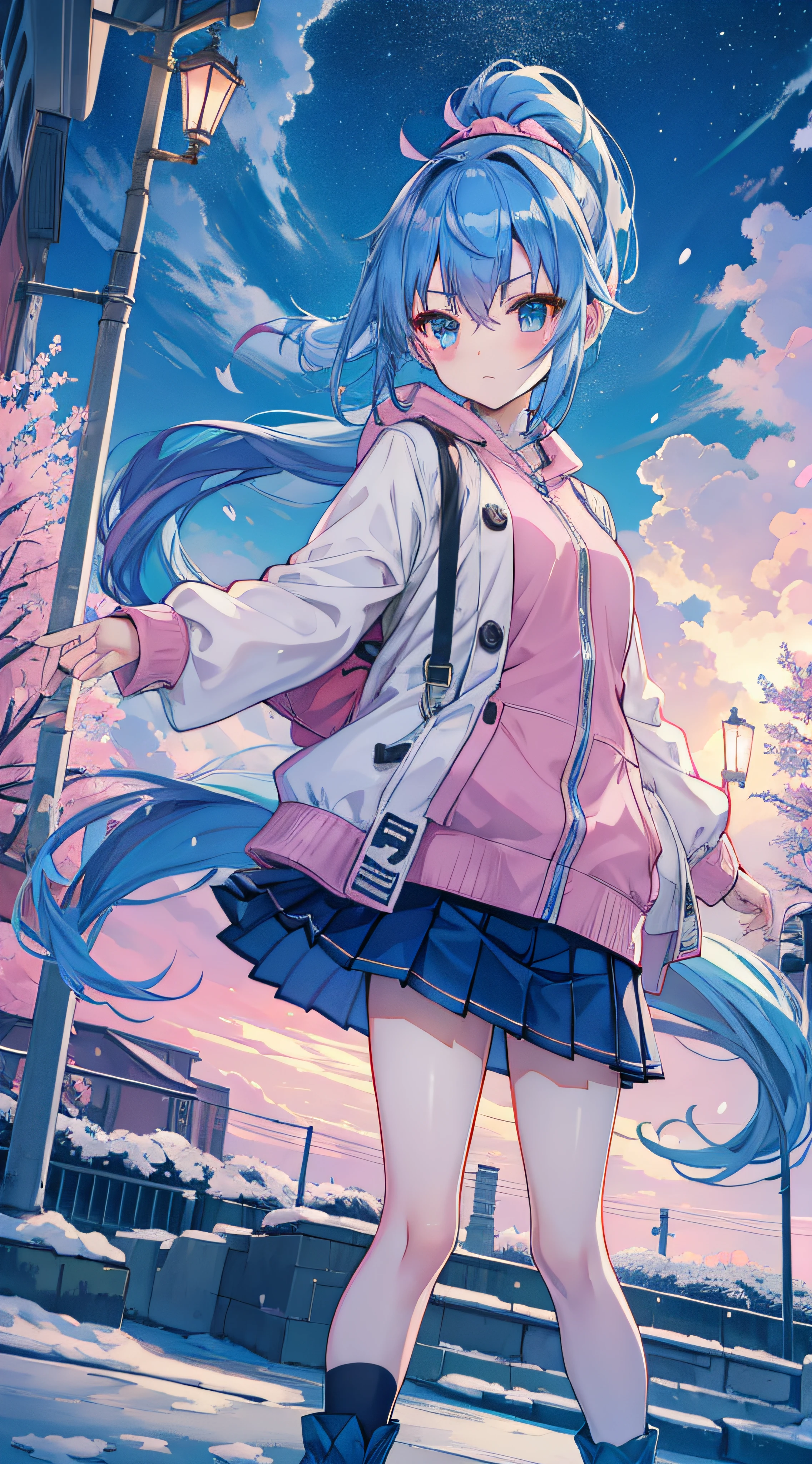 anime girl, alone, blue hair, ponytail, headband, pink pleated skirt, park, winter, night, streetlight, lightning, cloudy sky, thunderstor