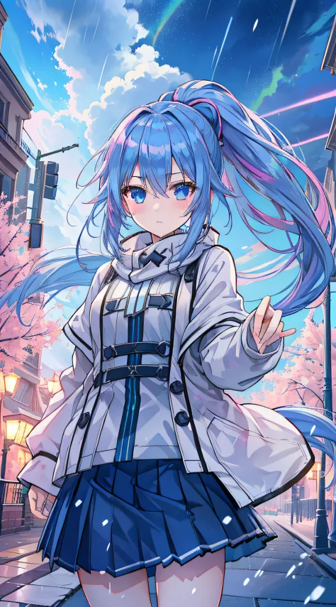anime girl, alone, blue hair, ponytail, headband, pink pleated skirt, park, winter, night, streetlight, lightning, cloudy sky, thunderstorm, aurara borealis
