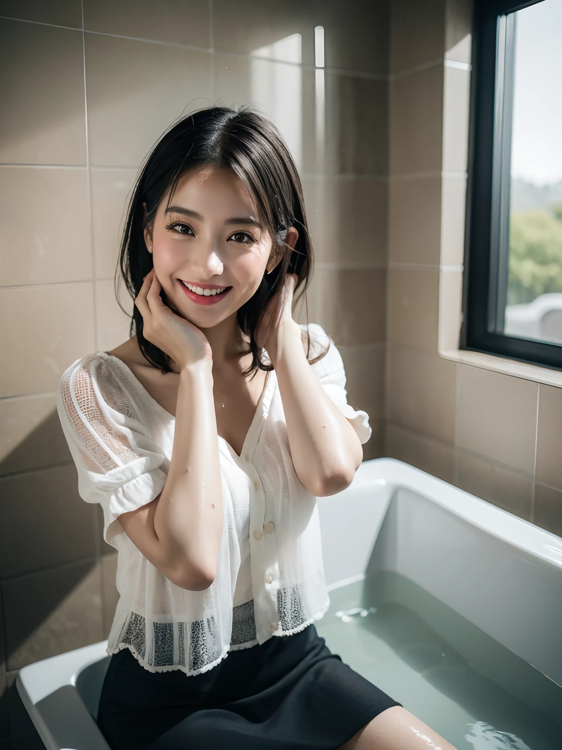 1girl，The girl sat in the bathtub laughing，hands on face, in bathroom, tinas, photoshoot for skincare brand, in bathroom, with backdrop of natural light, with a seductive smile, exclusive, Relaxed, shot on canon eos r 5, shot on a Canon EOS R5, wet blouses，short  skirt