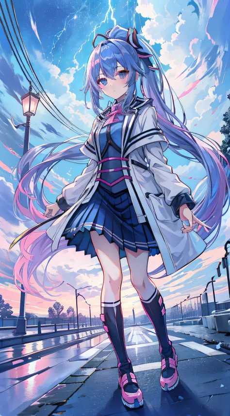 anime girl, alone, blue hair, ponytail, headband, pink pleated skirt, park, winter, night, streetlight, lightning, cloudy sky, t...