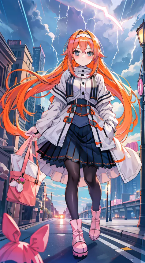 anime girl, alone, Orange hair, hair tied with headbands, headband, pink pleated skirt, pantyhose, park, winter, night, streetli...