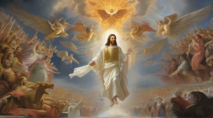 Generate an epic and impactful scene of Jesus' second coming, conforme ...