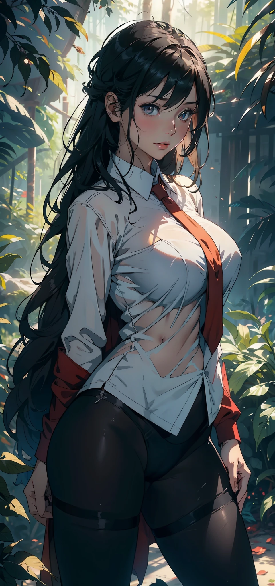 1female，25 age old，Large breasts，Pornographic exposure， solo，（Background with：ln the forest，the rainforest，in summer） with his long black hair，standing on your feet，Sweat profusely，drenched all over the body，seen from the front， curlies， mostly cloudy sky，（（（tmasterpiece），（Very detailed CG unity 8K wallpaper），best qualtiy，cinmatic lighting，detailed back ground，beatiful detailed eyes，Bright pupils，（Very fine and beautiful），（Beautiful and detailed eye description），ultra - detailed，tmasterpiece，）），facing at camera，A high resolution，ultra - detailed），revealing breasts，Bare genitals， Bulge，Camel toes，Raised sexy，Flushed complexion，Open-mouthed，frontage，girl soldier，（Wearing：White shirt，black necktie，Pantyhose，Red cape）nakeness，high-heels