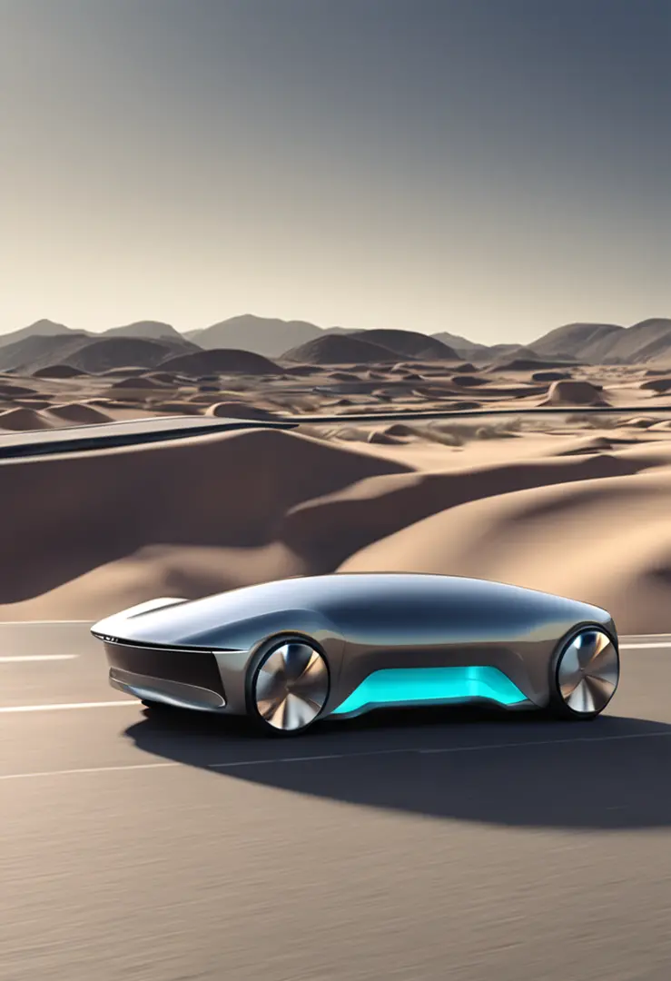 Car with aerodynamic design and fluid lines, inspired by futuristic science fiction concepts.

Tecnologia de carregamento sem fio integrada nas estradas, allowing the car to be charged while on the move.

Solar panels integrated into the vehicle body to ha...