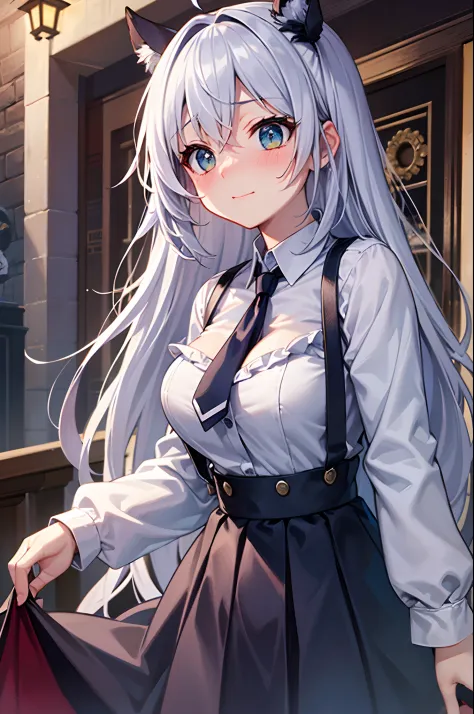 Best Quality, ultra-detailliert, Illustration, silber hair, Aimei,,embarrassed from，red blush，scratching your head，The long-haired，cute  face，beutiful breast，turned around，Suspender Skirt，long-sleeve，Dark blue skirt，neck tie，Close，Angle to show off breasts...