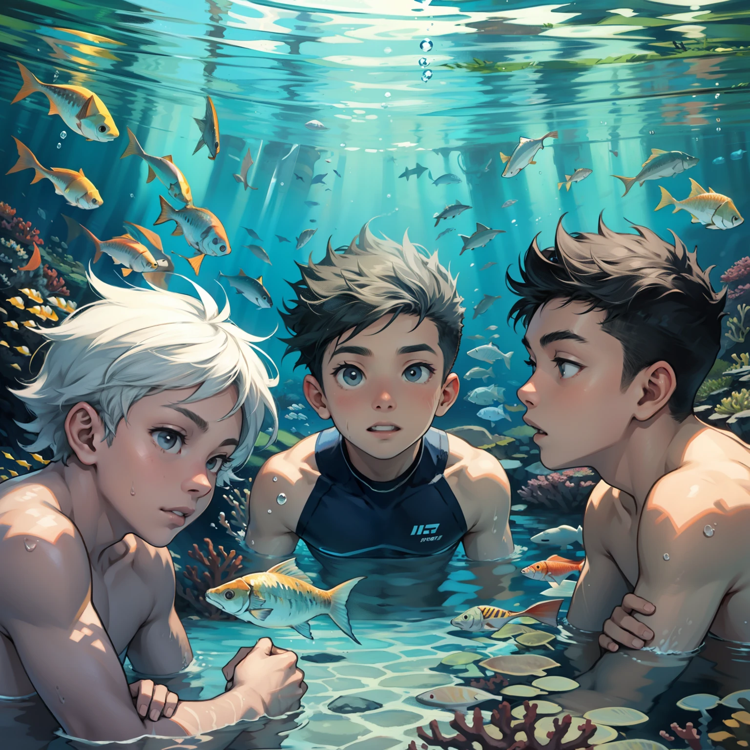 Três meninos nadando no fundo do mar，peixe pequeno