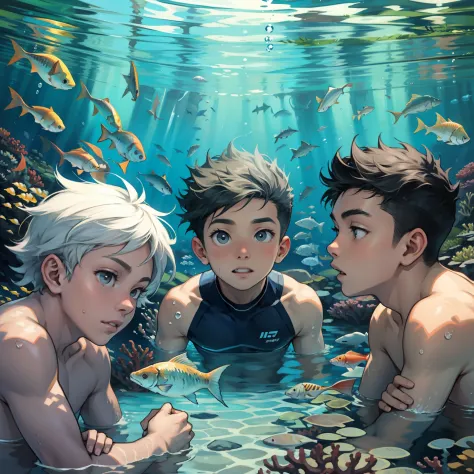 Three boys swimming at the bottom of the sea，Small fish