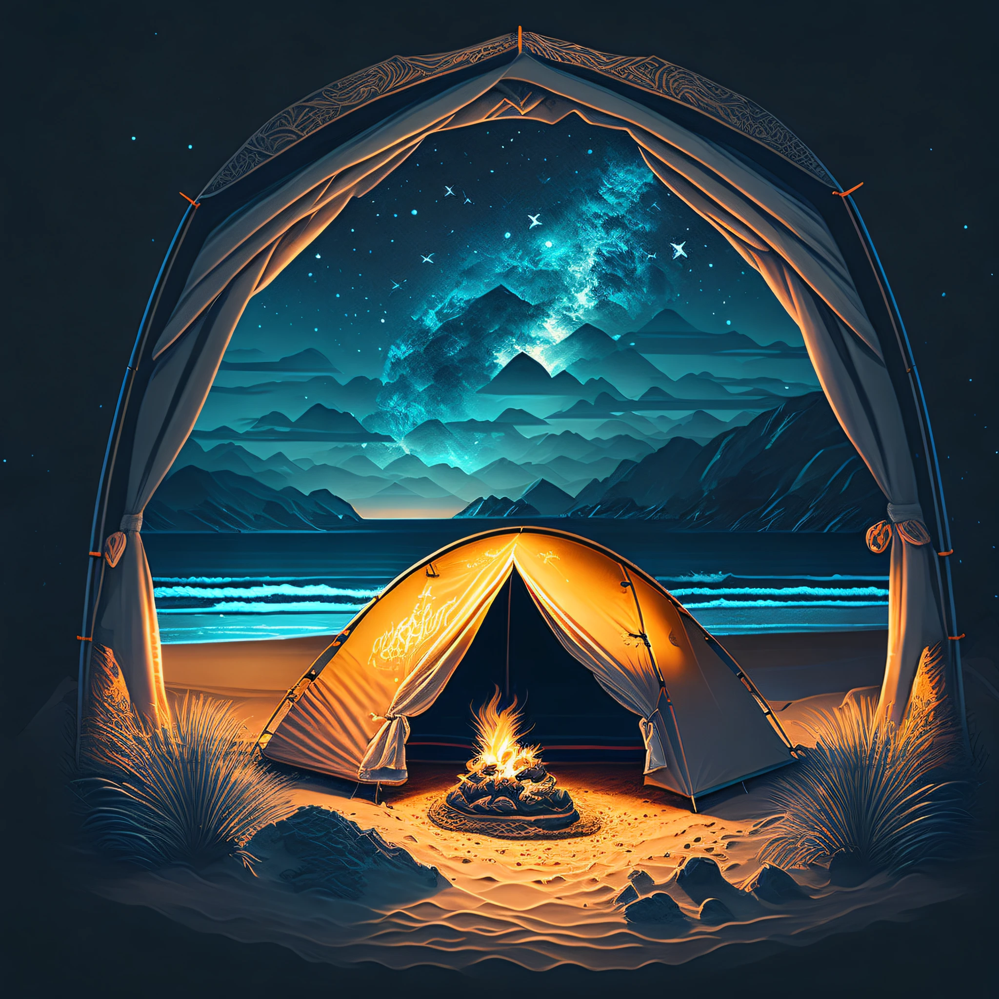 Barraca de acampamento na praia à noite, Design de camiseta, meio da jornada, arte vetorial, Hidro74