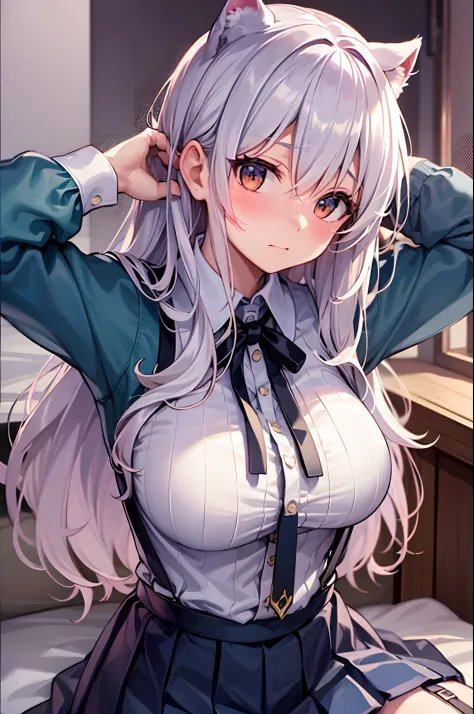 Best Quality, ultra-detailliert, Illustration, silber hair, Aimei,,embarrassed from，red blush，scratching your head，The long-hair...