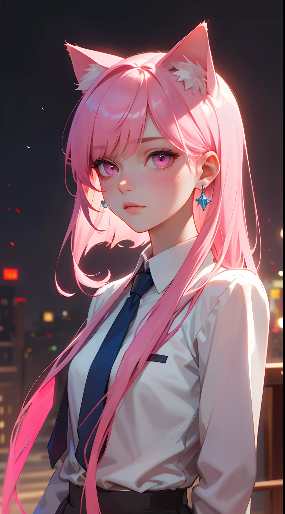 Beautiful woman，Delicate facial features，Long pink hair，Pink cat ears，Pink eyes，Uniforms，a blue tie，Golden-pink earrings ，One guy，Blue Campus，k hd，high detal，high qulity，Good atmosphere，delicated，cg render，detail render，（Delicate facial portrayal）（Fine hair portrayal）（highest  quality）（Master masterpieces）（High degree of completion）（a sense of atmosphere）