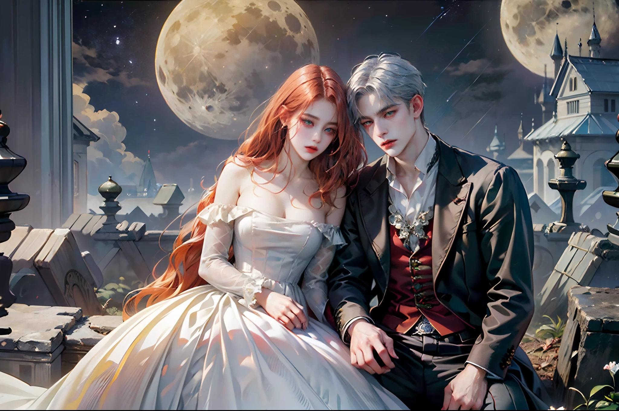 \(Style\): { (masterpiece:1.2, best quality, victorian era, neo-romanticism, romanticism art style, perfect shot) }, \(Composition\): { (couple lovers, young aggressive girl, dangerous vampire boy) }, \(Appearance\): { (mature male with red eyes and silver hair: 1.2),(girl with red hair and bright green eyes: 1.2), (the girl is wearing a dress with a deep neckline: 1.0) }, \(Location\): {( evening time, the moon rises above the horizon, a Gothic castle in the background)}, a detailed painting, pixiv contest winner, artwork in the style of wlop and sakimichan, eros and psyche.