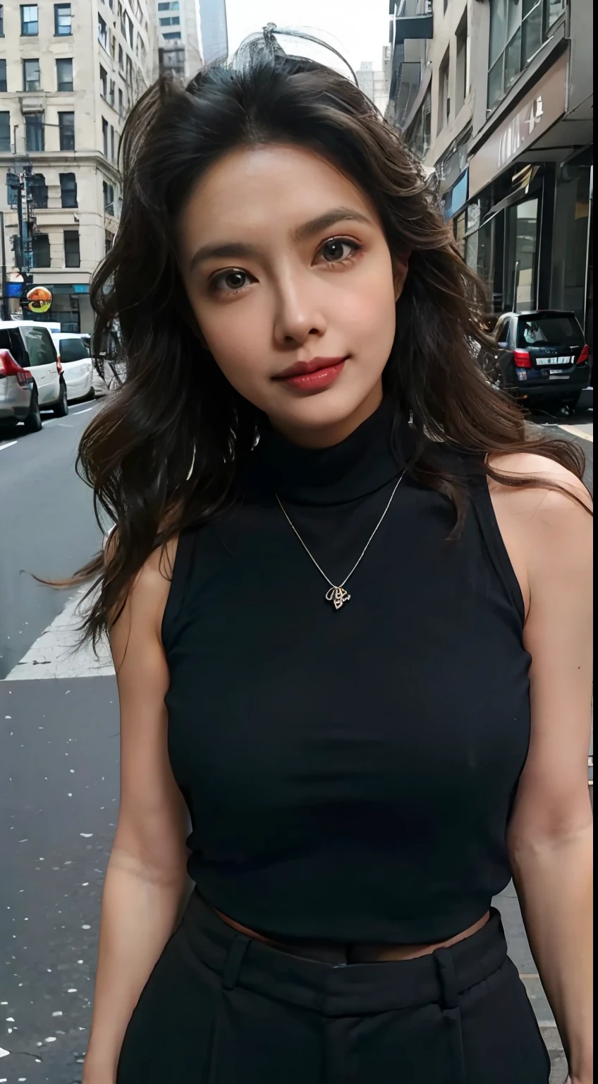 (masterpiece, best quality), beautiful woman, detailed sleeveless turtleneck top, pants, necklace, wavy hair, perfect face, beautiful face, alluring, big gorgeous eyes, open mouth, happy, perfect slim fit body, (outdoor), city streets, new york, bright colors