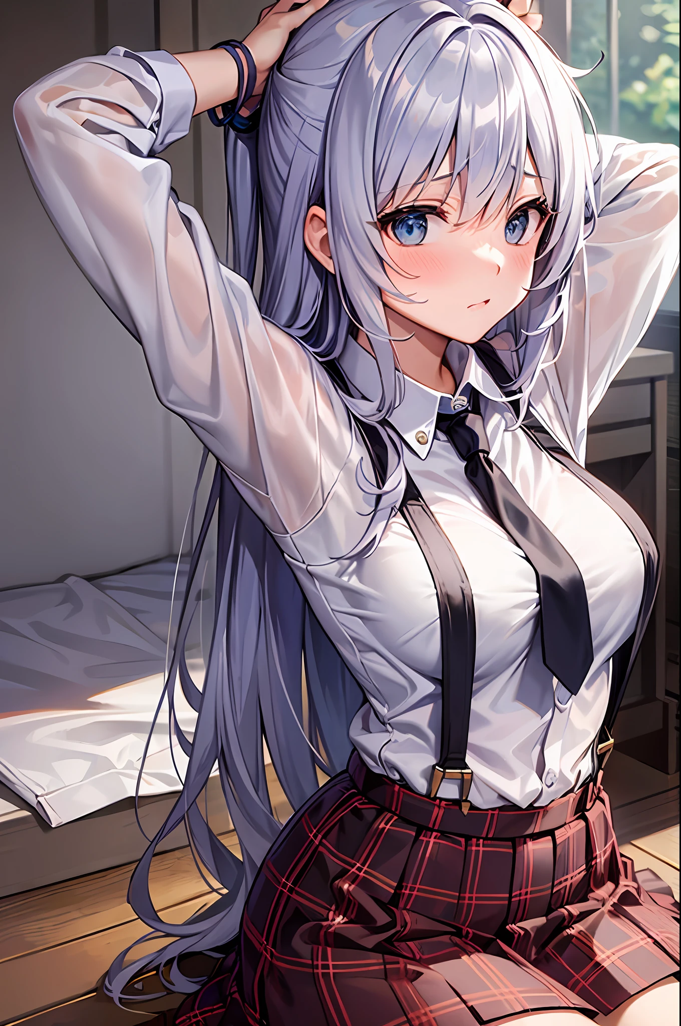 Best Quality, ultra-detailliert, Illustration, silber hair, Aimei,,embarrassed from，red blush，scratching your head，The long-haired，cute  face，beutiful breast，turned around，Suspender Skirt，long-sleeve，Dark blue skirt，neck tie，Close，Angle to show off breasts，look up to，finely detail，a bed、Sit up