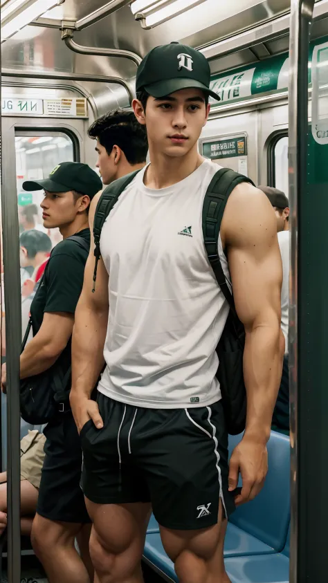 2guys，Two 20-year-old men in the subway，In the subway car，Ultra-flat head，Brown baseball cap，White skinny sleeveless T-shirt，Green sports shorts，leg apart，musculous，Handsome，Looking at the phone，Sport backpack，white short socks，White sneakers，exhilarated，B...