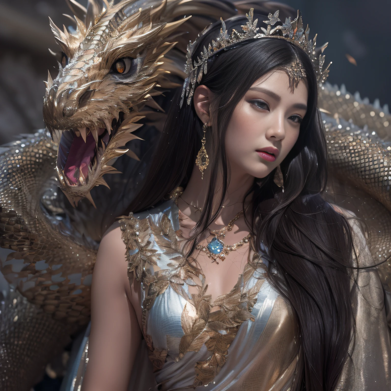 32K（tmasterpiece，k hd，hyper HD，32K）Long flowing black hair，Jewelry quarter in the back room，Brunette king girl ，Silver Dragon Protector （realisticlying：1.4），Python pattern robe，Purple-pink tiara，Snowflakes fluttering，The background is pure，Hold your head high，Be proud，The nostrils look at people， A high resolution， the detail， RAW photogr， Sharp Re， Nikon D850 Film Stock Photo by Jefferies Lee 4 Kodak Portra 400 Camera F1.6 shots, Rich colors, ultra-realistic vivid textures, Dramatic lighting, Unreal Engine Art Station Trend, cinestir 800，Hold your head high，Be proud，The nostrils look at people