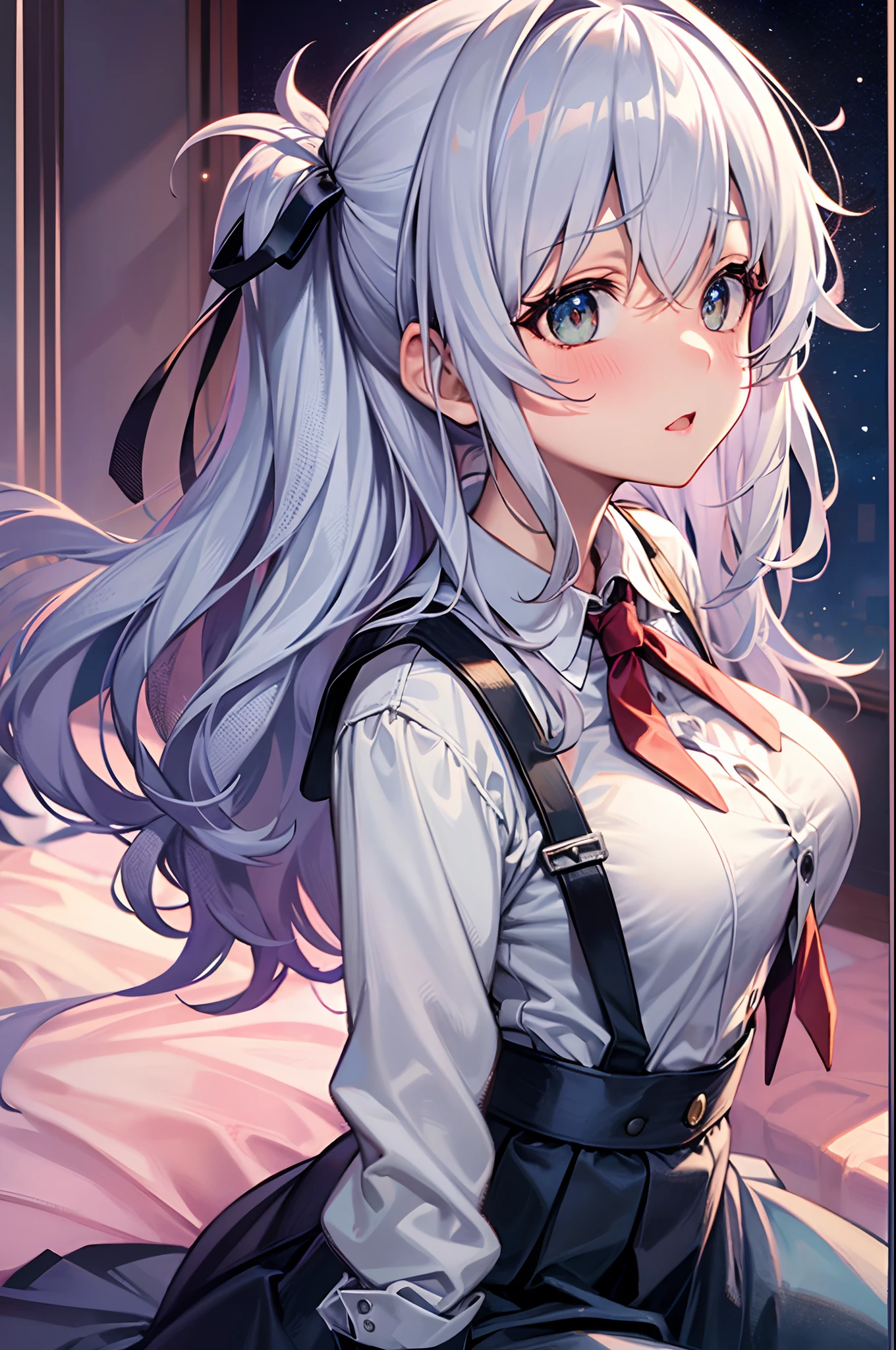 Best Quality, ultra-detailliert, Illustration, silber hair, Aimei,,embarrassed from，red blush，scratching your head，The long-haired，cute  face，beutiful breast，turned around，Suspender Skirt，long-sleeve，Dark blue skirt，neck tie，Close，Angle to show off breasts，look up to，finely detail，a bed、Sit up