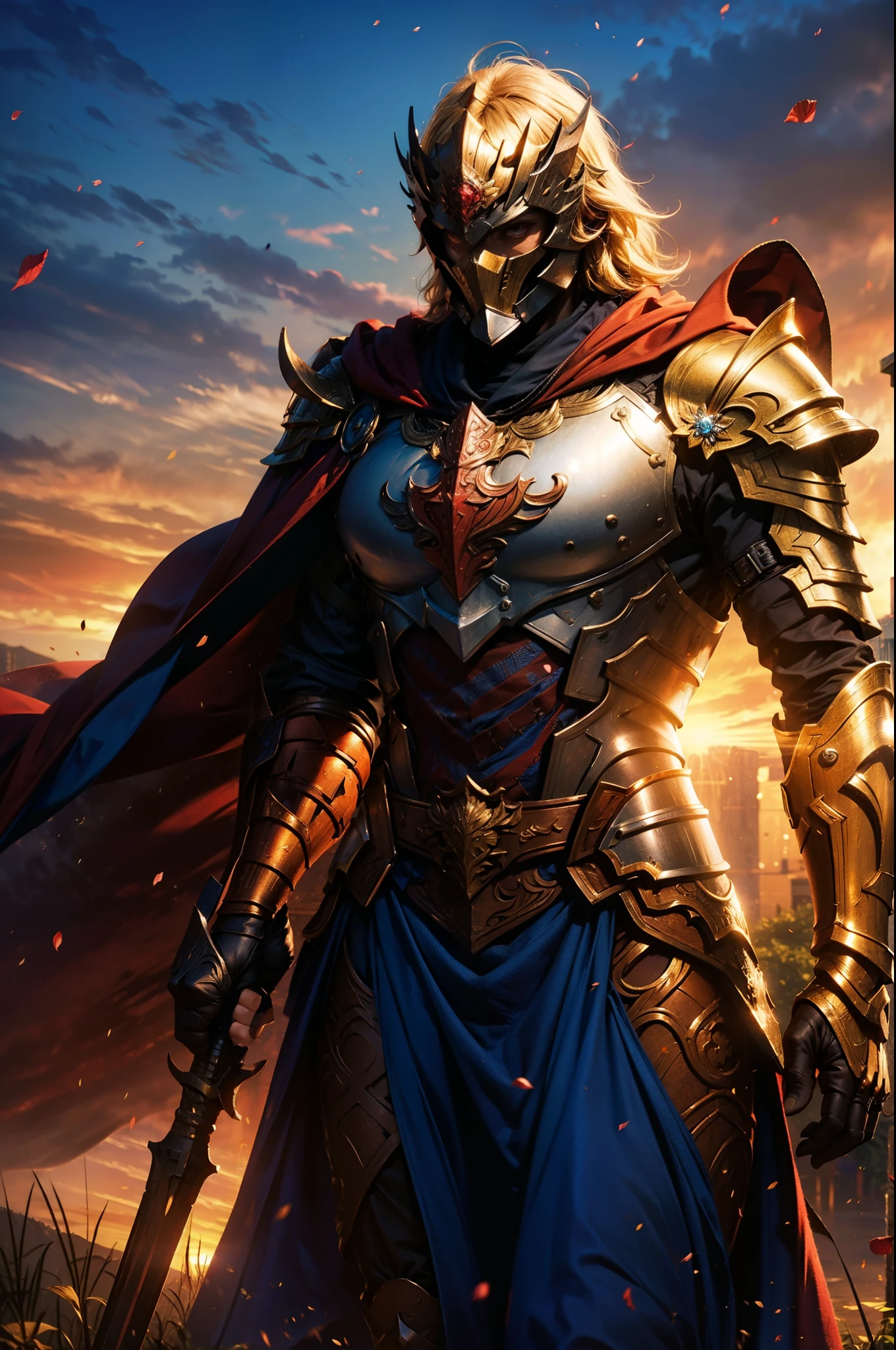 （（Equipped with an oversized and heavy scepter）），Bronze rustic and heavy armor，Extra thick helmet，（The armor has intricate patterns：1.4），blond hairbl，（（The mask is smooth）），Wrap the whole body，（（Red cape）），（（Beautiful royal knights）），Beautiful face，Half-body view，（（Pillar of light）），（（feater）），（（（Rose petals fall：1.4））），frontage，Works of masters，detail in face，super-fine，16K resolution，high qulity，light，High picture detail，Positive perspective，Detailed pubic hair，Epic shooting，oc rendered，tmasterpiece，best qualtiy，high qulity，k hd，High-quality textures，High-quality shadows，high detal，realisticlying，cinematric light，Sideslit，lens flare glow，Ray traching，Sharp focus，