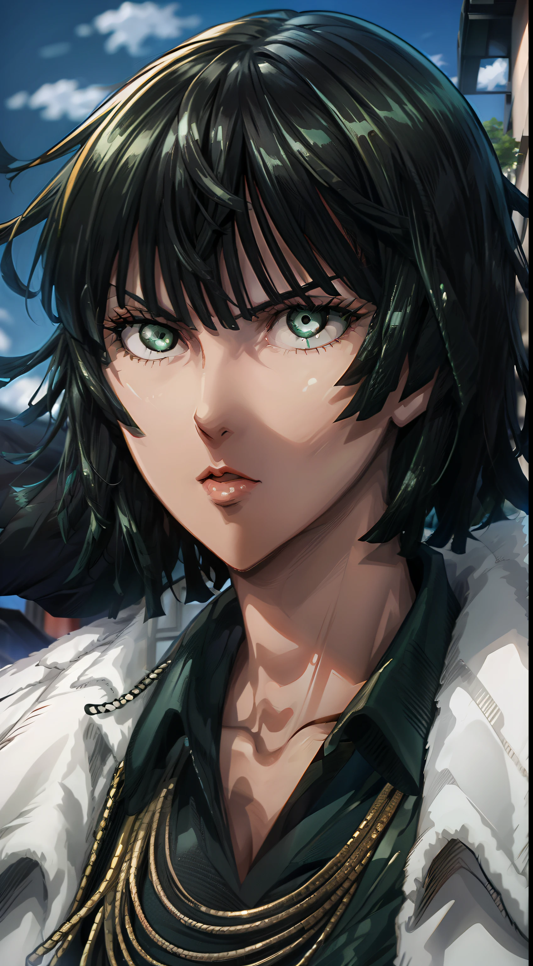 24-year-old girl with short green hair wearing frock and shirt  beautiful and feminine face, long chin, proportionally feminine body, resembling Fubuki from One Punch Man - 4K HD quality. Backlighting near road