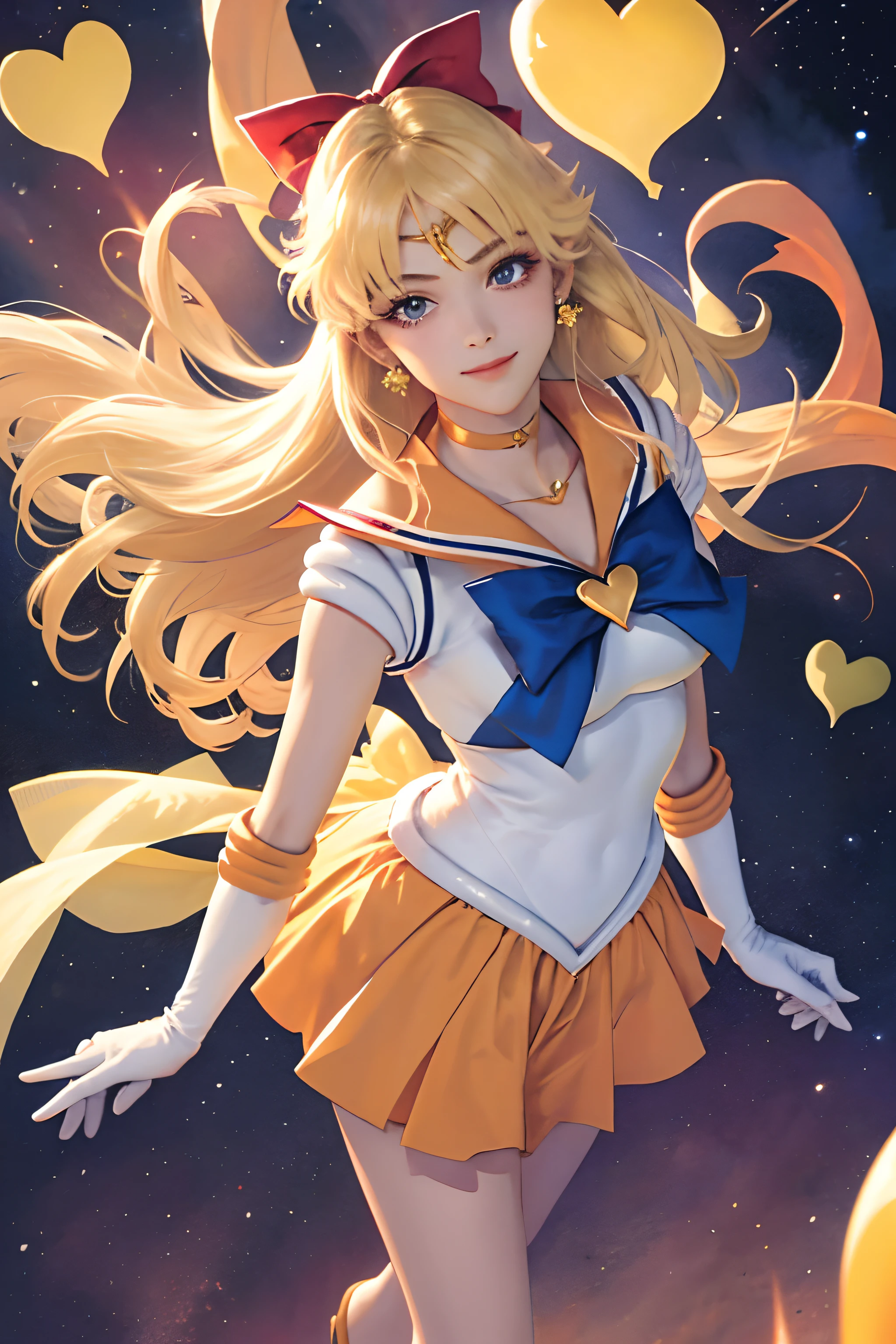 (masterpiece, best quality;1.3), extremely detailed CG, ultra detailed, 1girl, solo,  smile,  looking at viewer, stylish ungle, blonde long hair,blue eyes,
sv1, sailor senshi uniform, orange skirt, elbow gloves, tiara, orange sailor collar, red bow, orange choker, white gloves, jewelry, from above,
many hearts, face focus,Venus,tornado,abstract background, hearts storm, haert beam, heart bubbles, heart baloons, haert stars, heart flowers, HEART LIGHTS, heart world, heart background, galaxy background, heart weapon, heart aura,