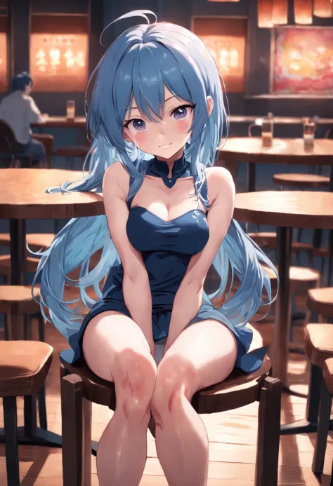 beautiful girl,photo taken up close,dark blue skirt,anime art,high detail,digital painting,pink eyes,light blue hair,tight t-shirt,sitting on a chair,crossed legs,smiling,blushing,table in the background,holding a water bottle with your hands,big tits,medi...