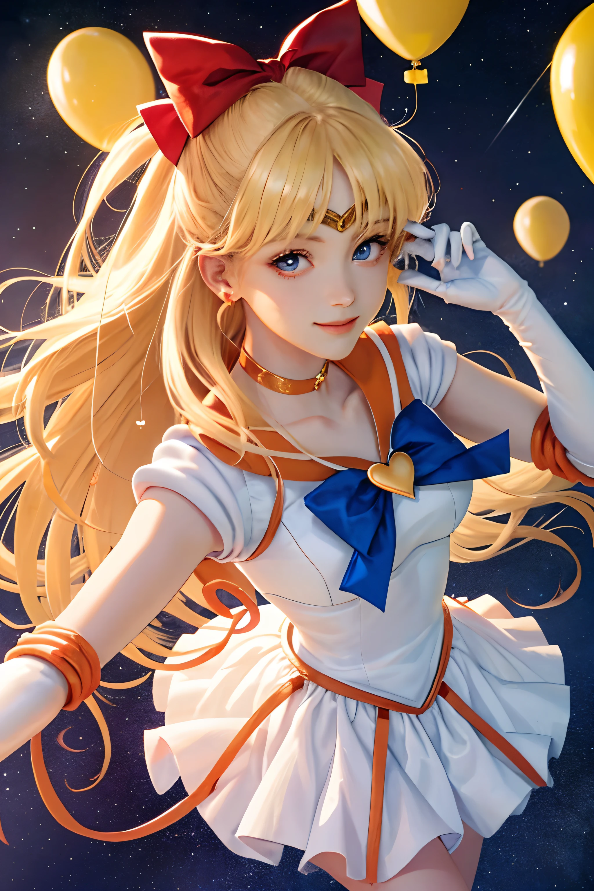 (masterpiece, best quality;1.3), extremely detailed CG, ultra detailed, 1girl, solo,  smile,  looking at viewer, stylish ungle, blonde long hair,blue eyes,
sv1, sailor senshi uniform, orange skirt, elbow gloves, tiara, orange sailor collar, red bow, orange choker, white gloves, jewelry, from above,
many hearts, face focus,Venus,tornado,abstract background, hearts storm, haert beam, heart bubbles, heart baloons, haert stars, heart flowers, HEART LIGHTS, heart world, heart background, galaxy background, heart weapon, heart aura,