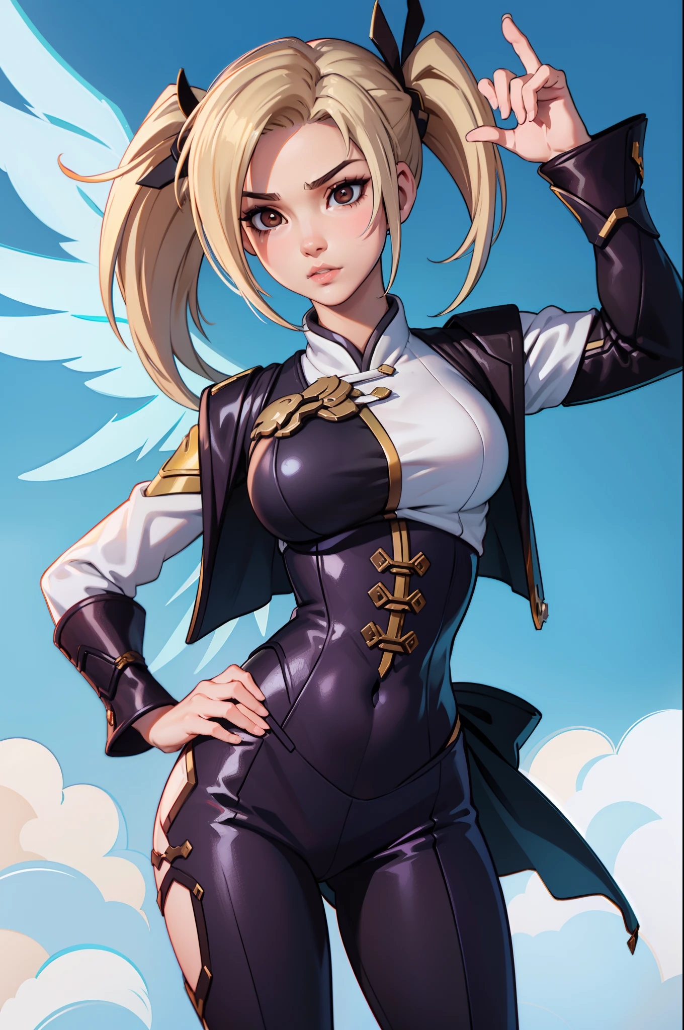 loira de roupa estilo oriental preto chines, xianxia de corpo inteiro, asas brancas angelicais, decote, expressao nervosa, peitos grandes, bunda grande, estilo cartoon,njo majestoso de corpo inteiro, anjo feminino alto, design de roupa clara, Mercy do jogo Overwatch (2016), Xianxia de corpo inteiro, imagem de corpo inteiro, corpo inteiro