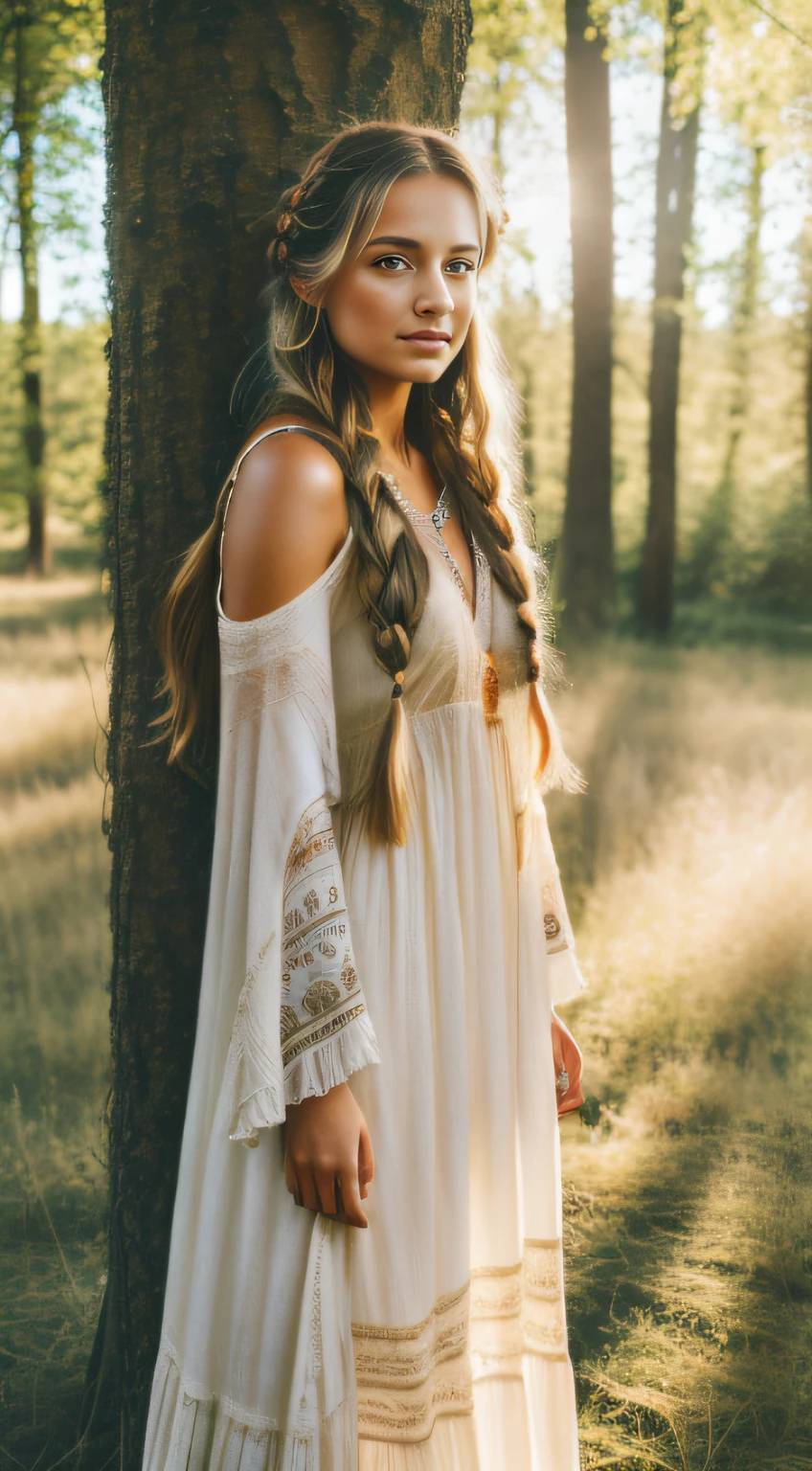 half body of a beautiful girl wearing boho maxi dress, Messy bohemian braids hair, Soft sunlight filtering through trees,Rustic meadow background, 8k, masterpiece, best quality, high resolution, ultra details