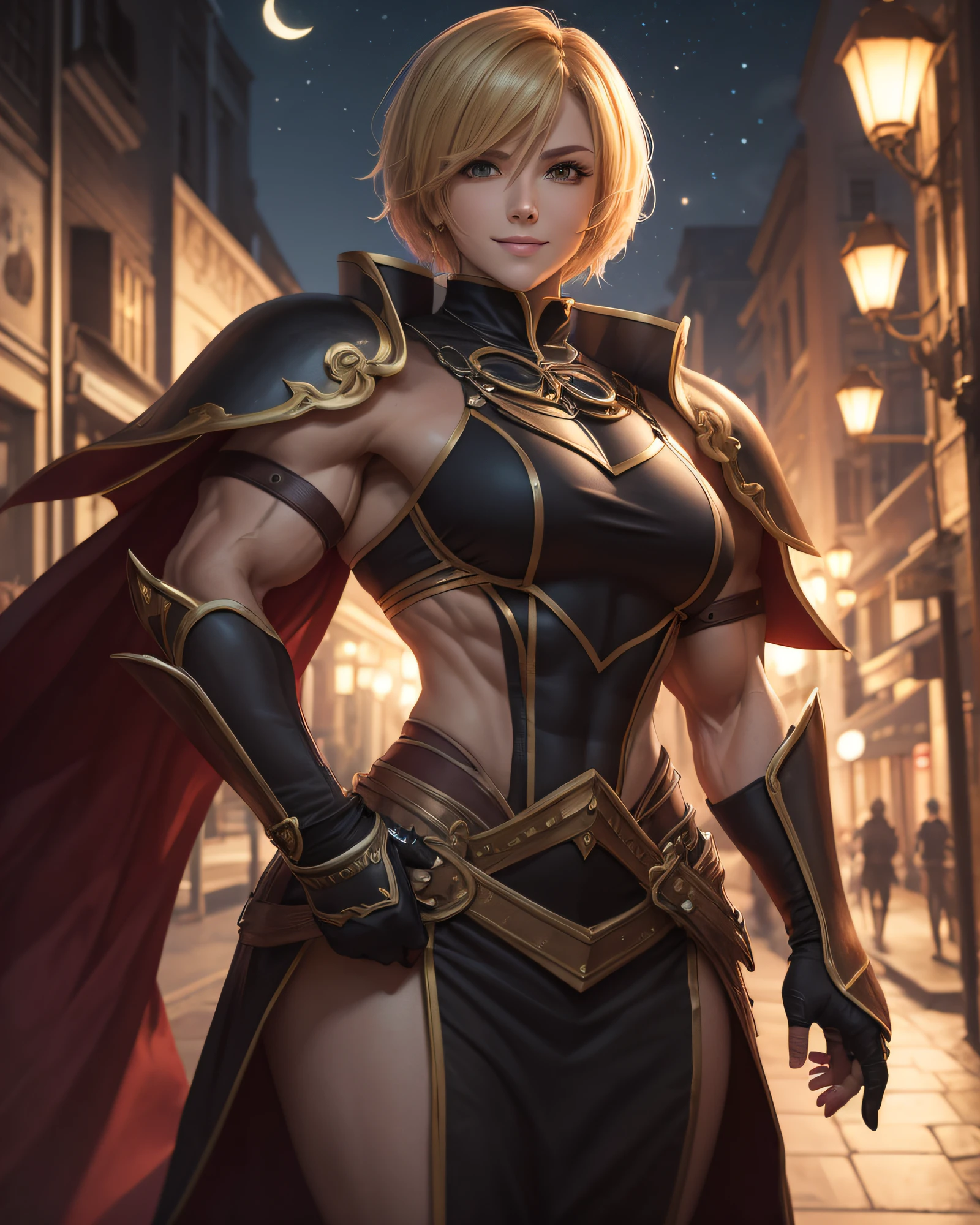 Royal Knight:1.3, (masterpiece, best quality:1.37), ultra-detailed:1.37, hyper-sharp:1.37, anime style, An illustration of a female royal knight bodybuilder, The female royal knight bodybuilder is 2m tall and has a muscular build. A female royal knight bodybuilder wears a golden royal knight armor, sunglasses, exposing her muscles. A female royal knight bodybuilder is standing in a night street under red full-moon, seductive smile, closed mouth, blonde side-under cut hair, bodybuilder fashion, looking the viewer, view viewer,