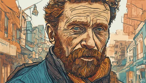 closeup of Vincent Van Gogh in San Francisco, looking at viewers, facing viewers, (eye contact with camera), looking at camera, colorful, perfect drawing, perfectly drawn face, high quality, cinematic quality, clear details, high definition, high resolutio...