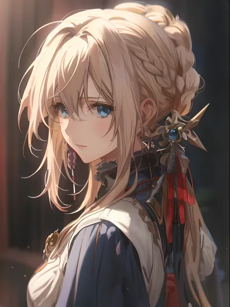 Anime girl with long blonde hair and blue eyes in a blue dress, a beautiful anime portrait, detailed portrait of an anime girl, Blonde anime girl with long hair, Stunning anime face portrait, anime girl profile, clean and meticulous anime art, Beautiful an...