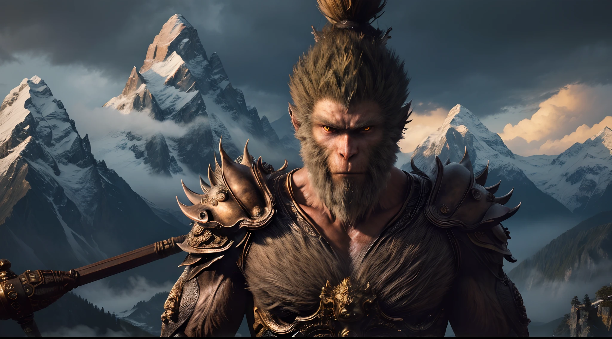 (((best quality))),(((ultra detailed))),(((masterpiece))),illustration,wukong \(black myth\) ,determined face,glowing eyes,golden staff,mountain peak,rugged mountains,sunshine,misty clouds,close-up shot,heroic stance