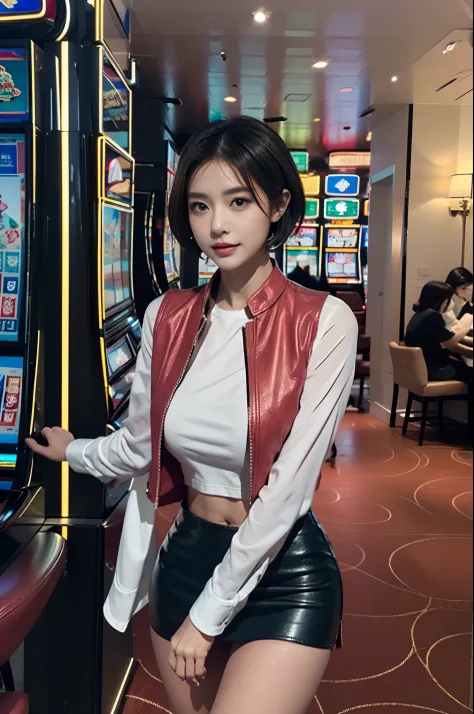 (highest quality, hight resolution, masterpiece:1.3) solo, girl, the casino croupier, break green eyes, tsurime, pink and very s...