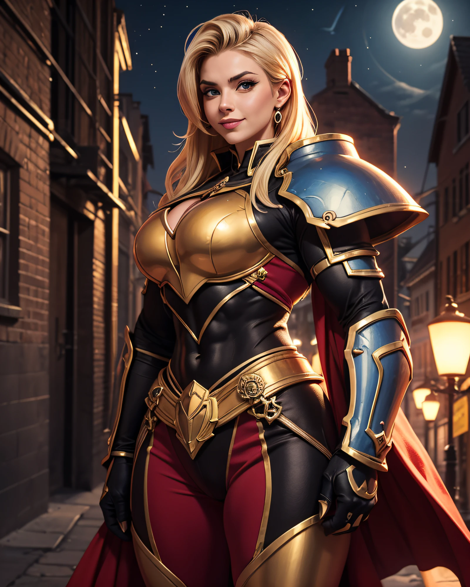 Royal Knight:1.3, (masterpiece, best quality:1.37), ultra-detailed:1.37, hyper-sharp:1.37, anime style, An illustration of a female royal knight bodybuilder, The female royal knight bodybuilder is 2m tall and has a muscular build. A female royal knight bodybuilder wears a golden royal knight armor, sunglasses, exposing her muscles. A female royal knight bodybuilder is standing in a night street under red full-moon, seductive smile, closed mouth, blonde side-under cut hair, bodybuilder fashion, looking the viewer, view viewer,