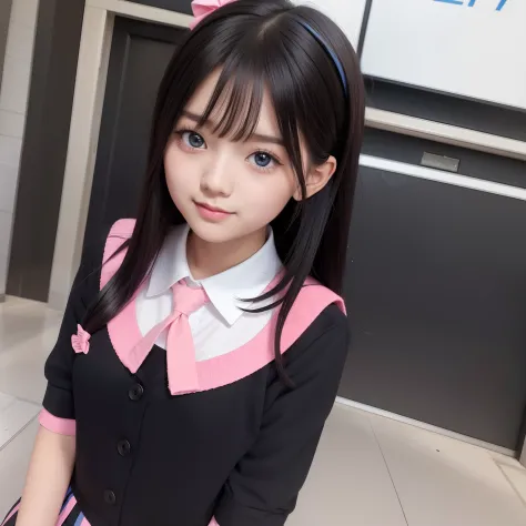 black color hair，Wear a pink and blue school uniform，She is a cute cute girl