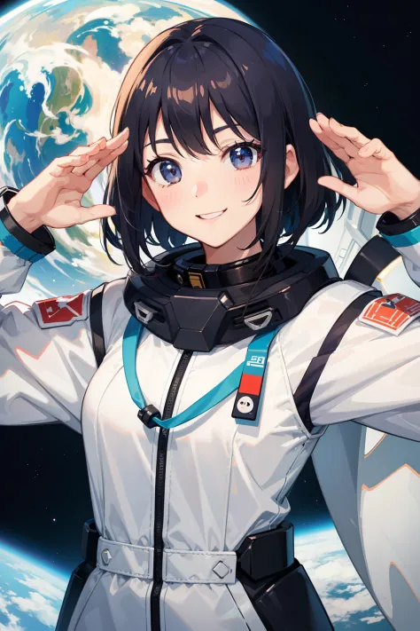 High quality, cute girl, smiling face, Japanese animation, future space suit, salute pose, upper body,