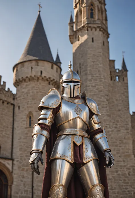 A knight wearing heavy European medieval armor)，(The armor