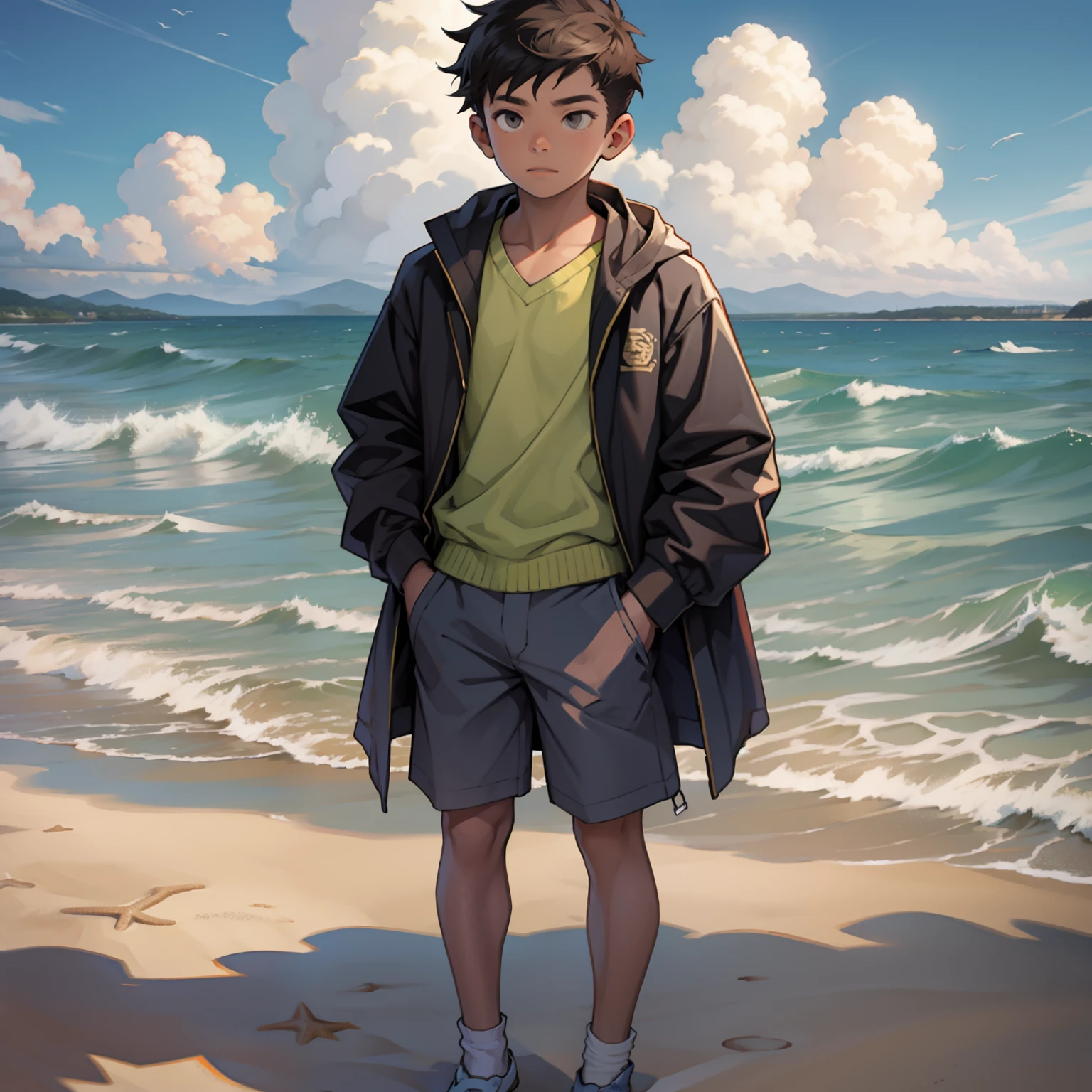 Um menino está à beira-mar，areia da praia