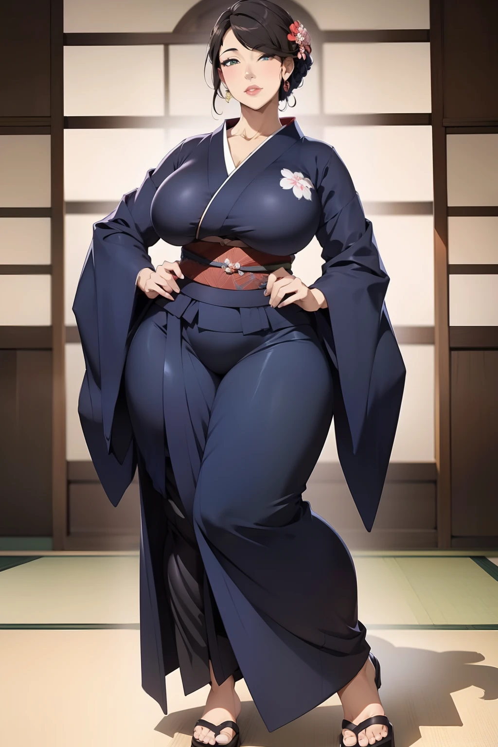 1womanl， （tmasterpiece： 1.3），Beautiful mature Japanese woman， detailed finger， beautiful hand， hyper realisitc， 1womanl， （Sagging breasts， Bewitching body： 1.2） brunette color hair： 1.1， Super detailed face， Detailed lips， Detailed eyes， double eyelid， Sexy low-cut neckline kimono， Open neckline， Sagging chest， Side posture， visible curves，full body1:1