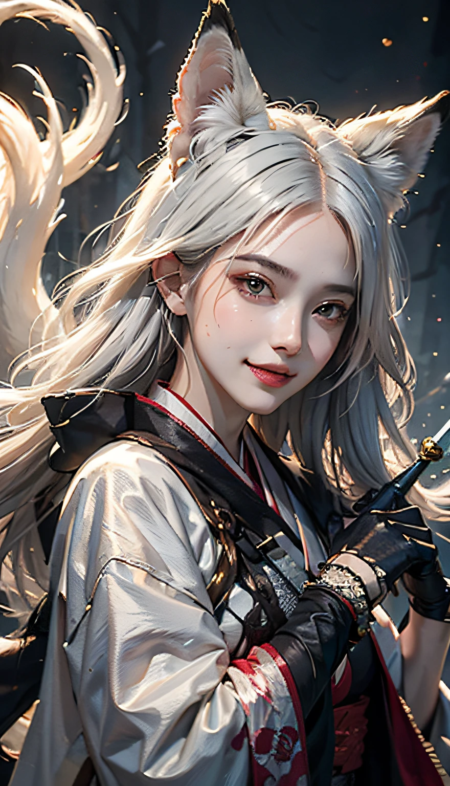 1girll,Solo, Happy smiling official art, Unity 8k wallpaper, Ultra detailed, Beautiful and aesthetic, Beautiful, Masterpiece, Best quality, Kitsune witch, kitsune mask, Haori jacket, Foxfire spell, The fox is familiar, Transformation,Depth of field,