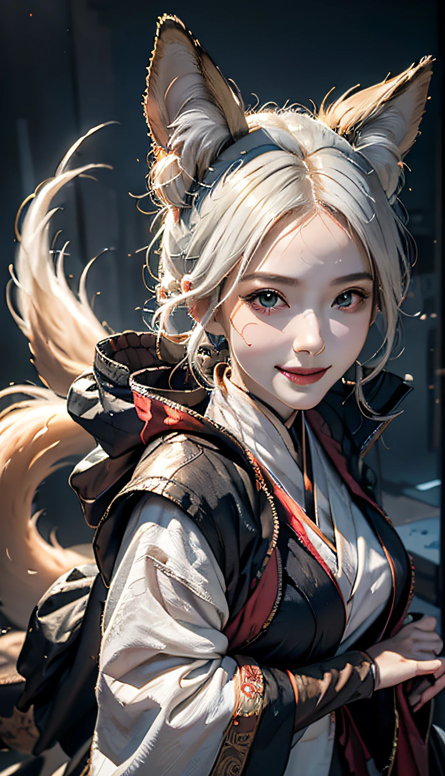 1girll,Solo, Happy smiling official art, Unity 8k wallpaper, Ultra detailed, Beautiful and aesthetic, Beautiful, Masterpiece, Best quality, Kitsune witch, kitsune mask, Haori jacket, Foxfire spell, The fox is familiar, Transformation,Depth of field,