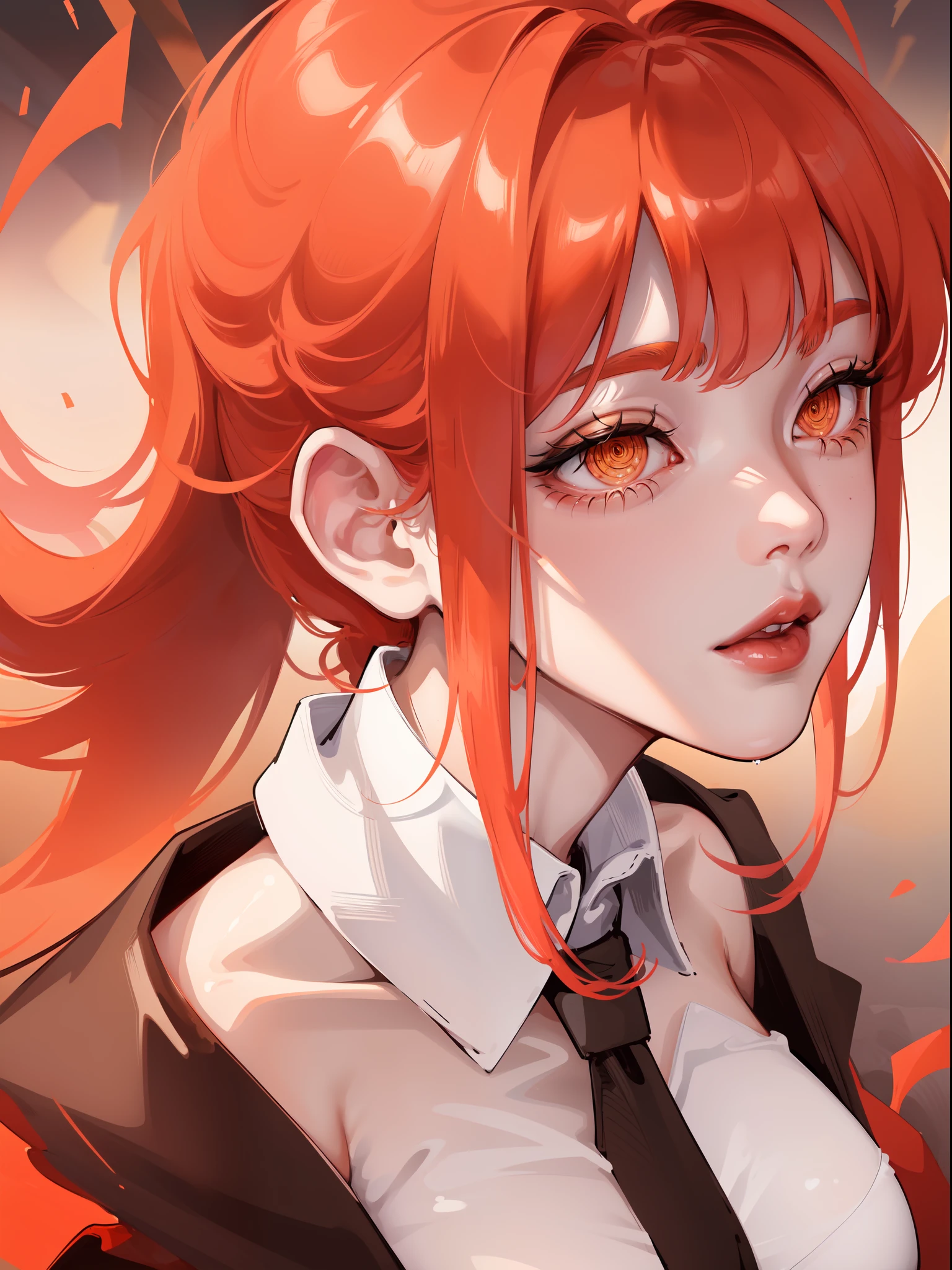 Makima, medium shot, close up shot, wearing a tight white sleeves, wearing a black necktie, red and orange eyes, extremely detailed face, extremely detailed eyes pupils, beautiful, gorgeous, wet clothes, body complexion, red glossy lips, pinkish cheek, volumetric lighting, digital art, centered, digital illustration