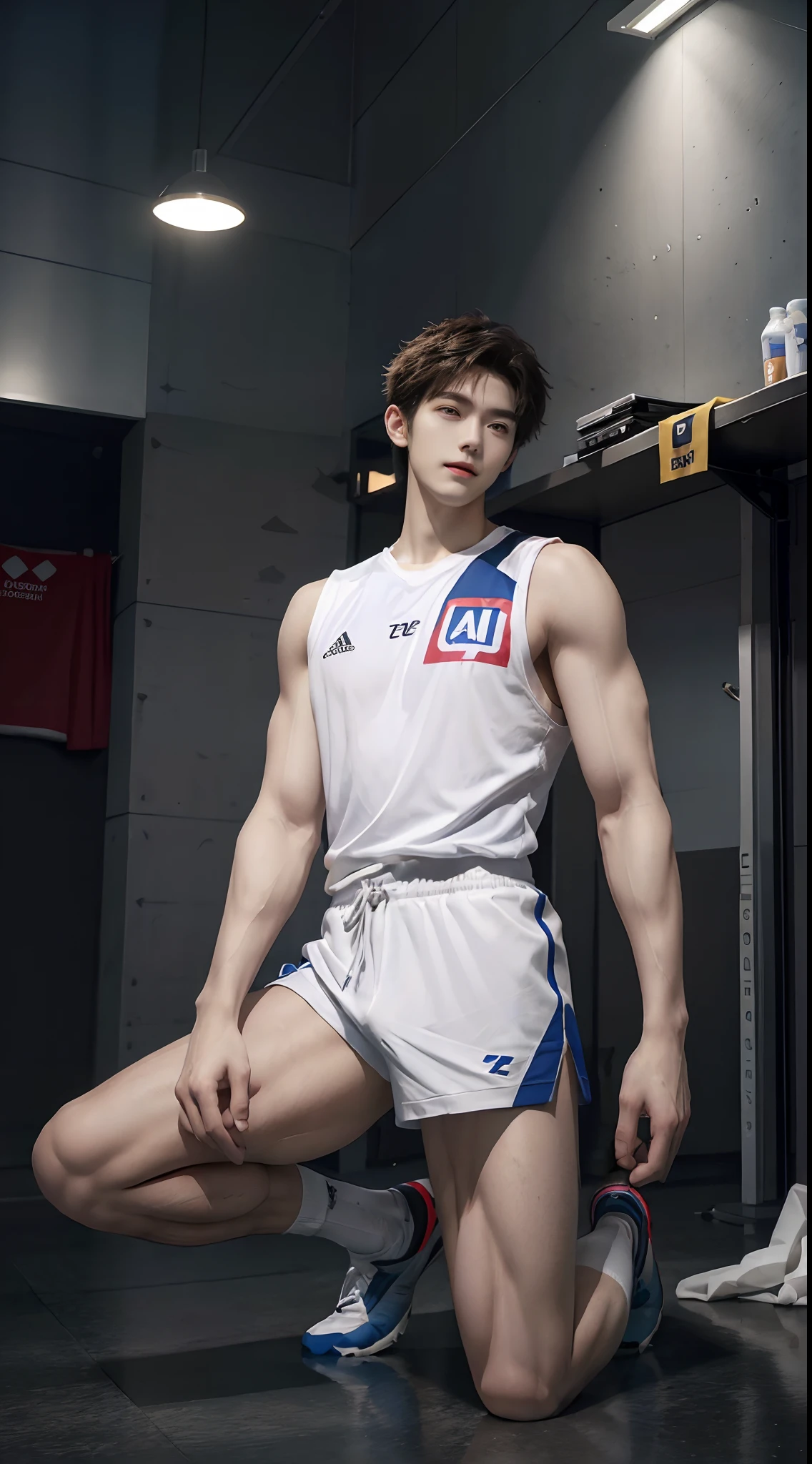 (((Best quality))),(((Ultra detailed))),(((Masterpiece)))，（Cute tall Shota：2），The height of a volleyball player，solo person，（full bodyesbian：3），（Stay away from the lens：3），Expose your legs，（revealing the whole body：2），（Frontal heads-up view：1.2），malefocus，（looking at viewert），16 yaers old，（Tall：3），（Tall guy：2），Super tall，（Height 300 cm：2），Excellent body proportions，muscular physique，（1.The shoulders are 5 times wider：1.2），（Slender straight legs：2.5），Slender feet，small headusculous，（The face of the animated male protagonist），Pure face，（Very detailed beautiful face and eyes：2），（Big bright eyes：1.2），Sharp eyeliner，Clear and beautiful face，，exhilarated，（Happy smile：2），short detailed hair，（Correct facial features），（tilts your head：1.5），（Men's soccer jersey：2)，Long white sockuscle firming：2），Strong，（Wide shoulders and narrow waist：2.2），Sports men's socks，Detailed muscle texture，Highlights muscle structure，At home，（He was kneeling on the ground：4），（full length shoot），ultra-realistic realism, (Photorealistic detail), Incredible accuracy, lifelike textures, masterful technique, Jaw-dropping precision, artistic dedicatiotomy correct），Good lighting，exquisite detailing，Best quality，stunning masterpiece，CG，（Colored screen）
