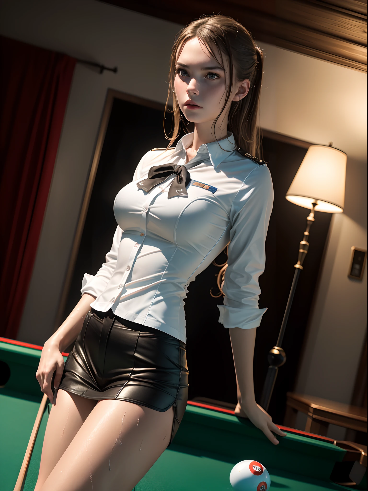 (8k, RAW photo, best quality, masterpiece:1.2), (realistic, photo-realistic:1.37),1 girl,cute, (solo),detailed facel, dramatic angle,
,billiard uniform,look away,sporty,wet skins,sweat,slim body,in billiard hall