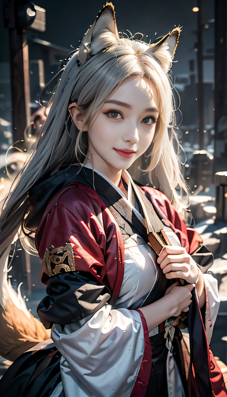 1girll,Solo, Happy smiling official art, Unity 8k wallpaper, Ultra detailed, Beautiful and aesthetic, Beautiful, Masterpiece, Best quality, Kitsune witch, kitsune mask, Haori jacket, Foxfire spell, The fox is familiar, Transformation,Depth of field,