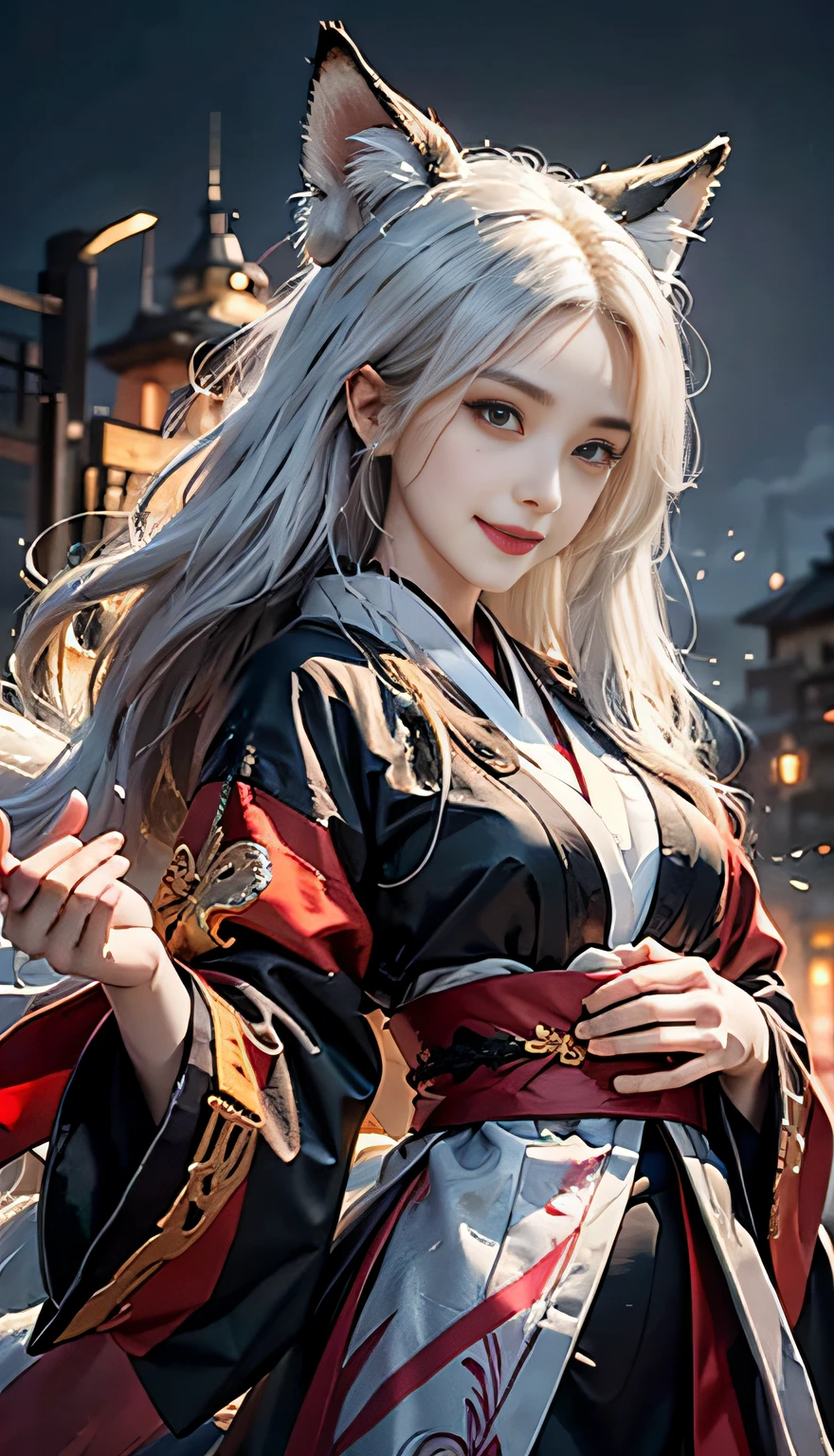 1girll,Solo, Happy smiling official art, Unity 8k wallpaper, Ultra detailed, Beautiful and aesthetic, Beautiful, Masterpiece, Best quality, Kitsune witch, kitsune mask, Haori jacket, Foxfire spell, The fox is familiar, Transformation,Depth of field,