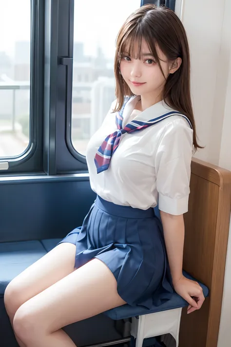 top-quality,ultra-detailliert,​masterpiece,realisitic,Photo Real,Bright lighting,1 girl in, an extremely beautiful 17-year-old girl, (kawaii:1.2),Thin smile, (Brown eyes),(brown haired),(bangss),perfect glossy skin,flawless skin,((erotick,Sexy and sexually...