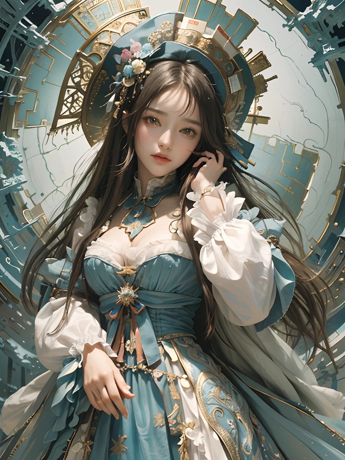 (​masterpiece、top-quality、top-quality、Detailed and complex、Official art、Beautifully Aesthetic:1.3)、(1girl in:1.3)、(Fractal Art:1.3)、colourfull、Vivid、Victorian costume