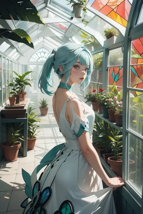 1 young woman solo, white dress, teal hair ponytails, inside a glass mirrored greenhouse, colored glass windows, ((stained glass))