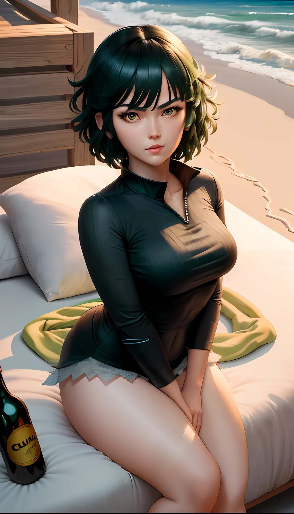 Anime girl lying on a bed with a bottle of beer, Fubuki from One Punch Man, Fubuki, Fubuki with curly green hair, in a beach, High quality fanart, on the beach, Trends in ArtStation Pixiv, Guweiz and Pixiv Artstation, Highly detailed exquisite fanart, Extremely detailed artgerm, Arte Zerochan
