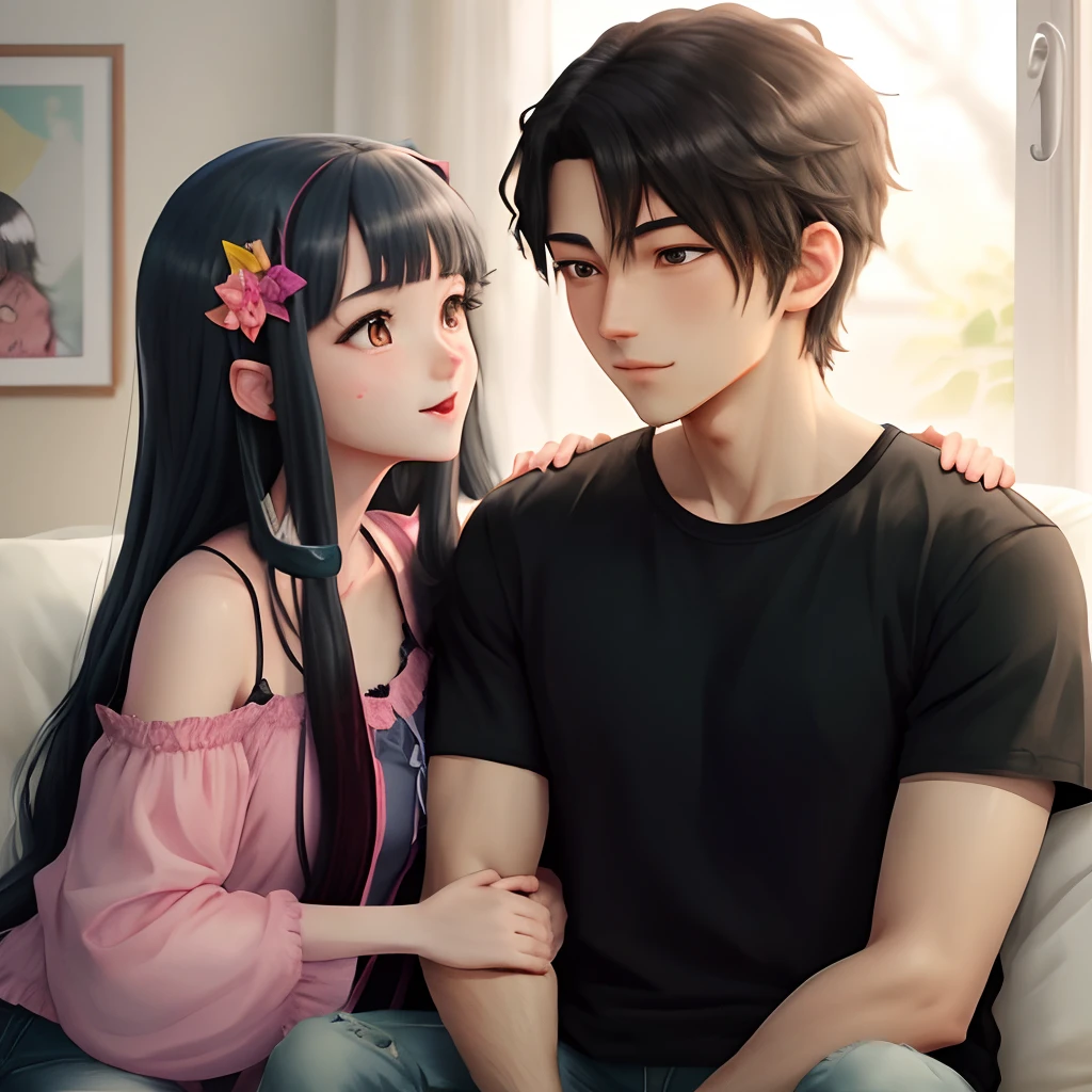 Anime couple sitting on a couch with a flower in their hair - SeaArt AI